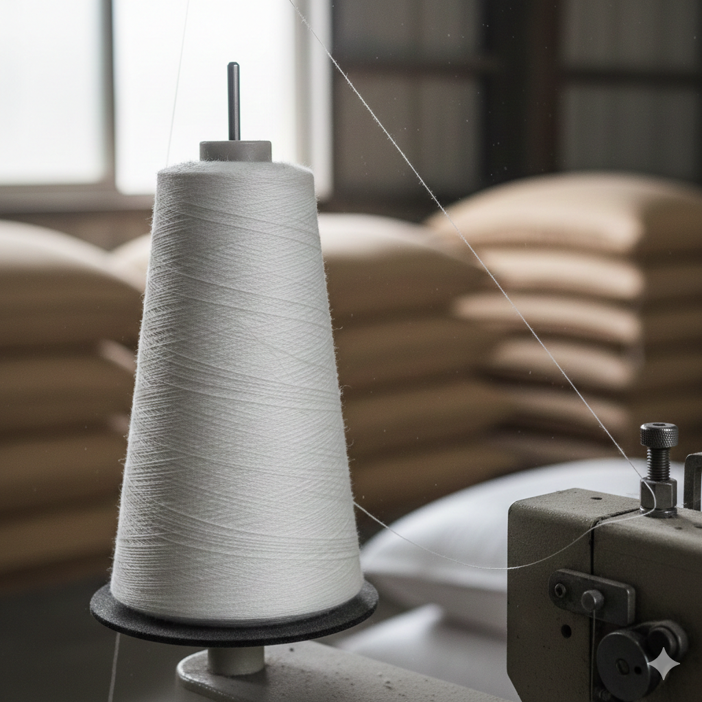 Bag closing thread on industrial machine